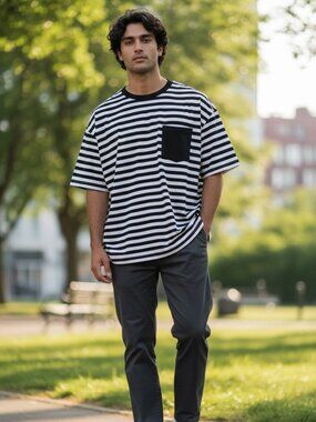 H&M Black White Striped Pocket T-Shirt Size Large